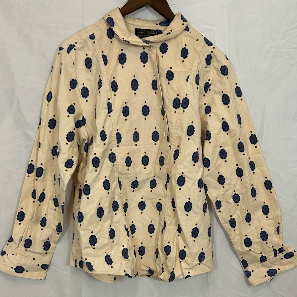 Eddie Bauer Cream and Blue Patterned Shirt